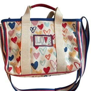 VTG Brighton LOVE Multicolor Heart Print Canvas Tote Bag w/ Crossbody Strap